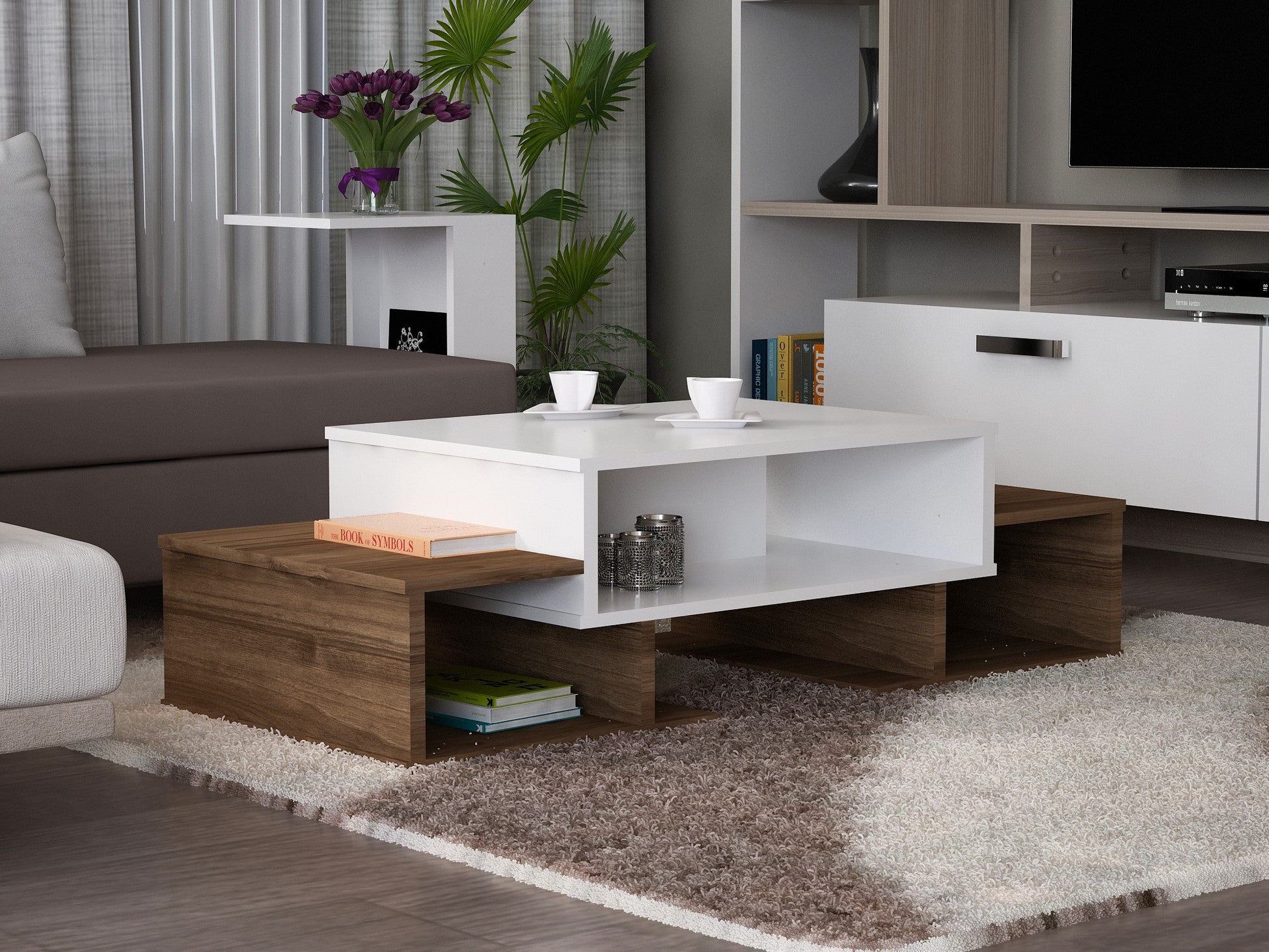 Table basse Sarafina - White, Walnut