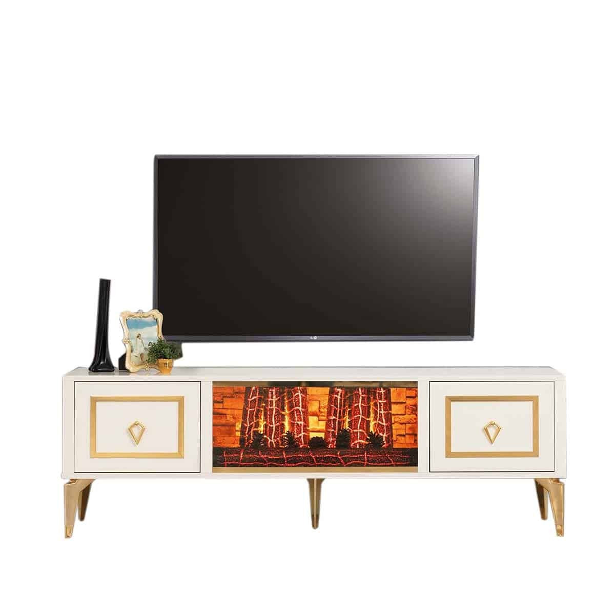 Milano Meuble TV Avec Cheminée Écru Dorée