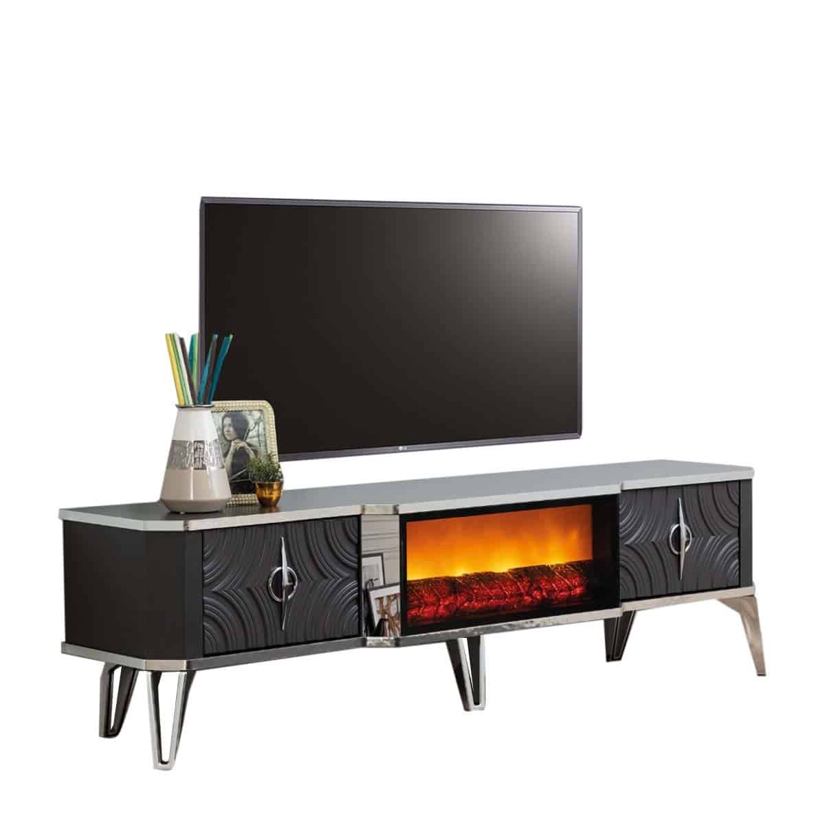 Viyana Meuble TV  Avec Cheminée Chrome Anthracite