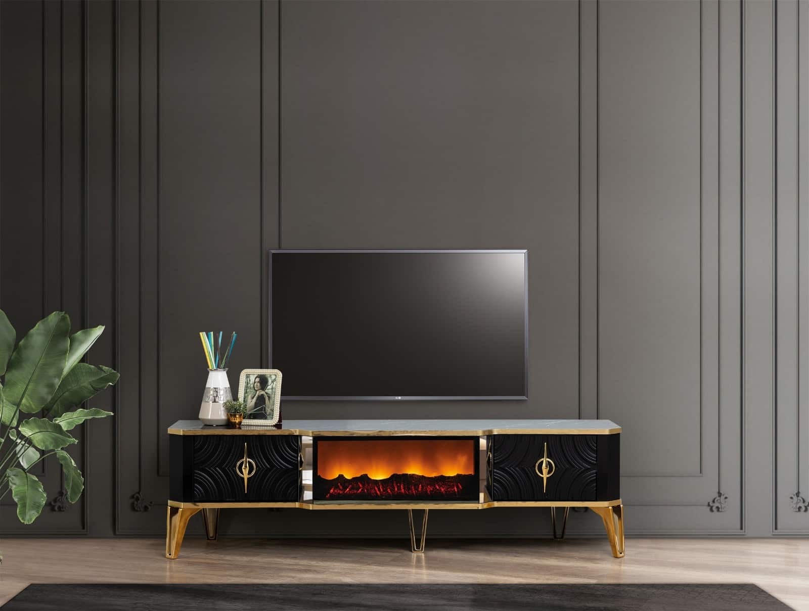 Viyana Meuble TV Avec Cheminée Noir Doré