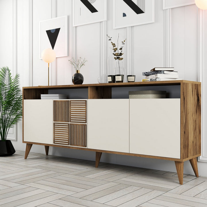 Buffet bas 4 portes et 2 tiroirs Kaltes L160cm Bois et Blanc crème