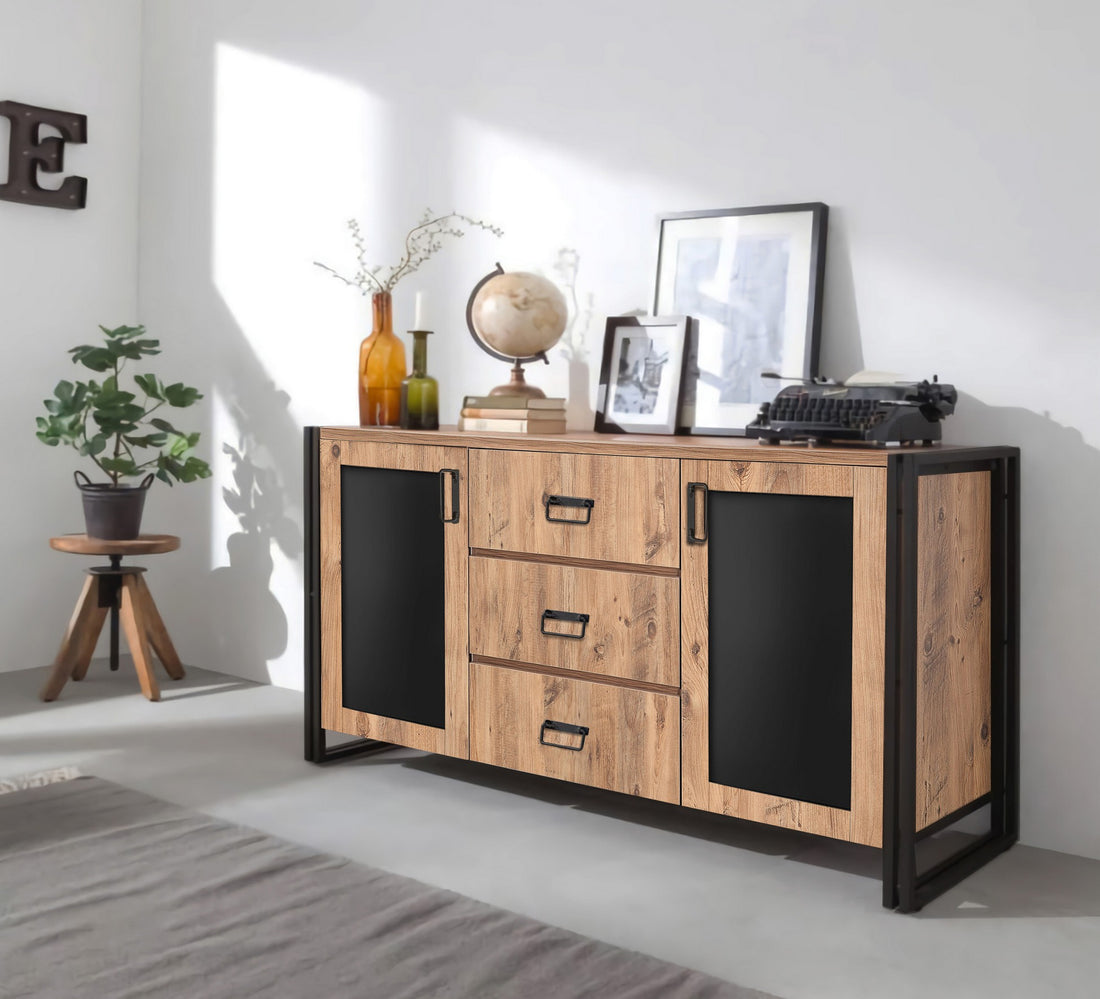Buffet 2 portes 3 tiroirs style industriel bois chêne clair et métal noir Dukita 160cm