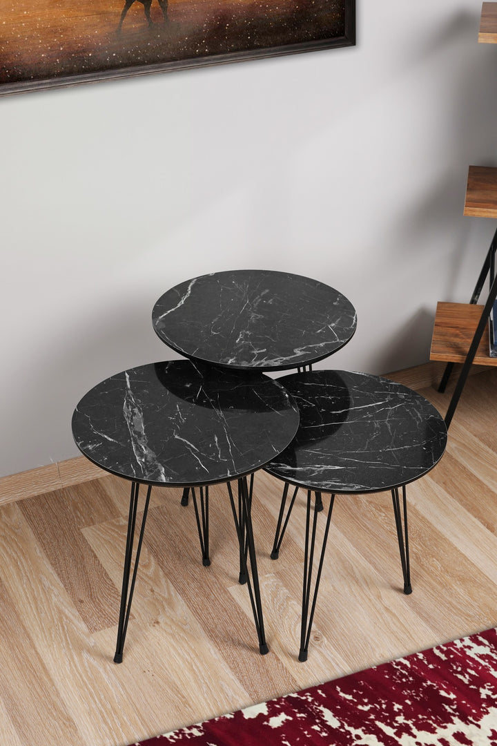 Table de nidification (3 pièces) Siyah Mermer Desenli 3'Lü Tel Ayaklı Yuvarlak Zigon Sehpa