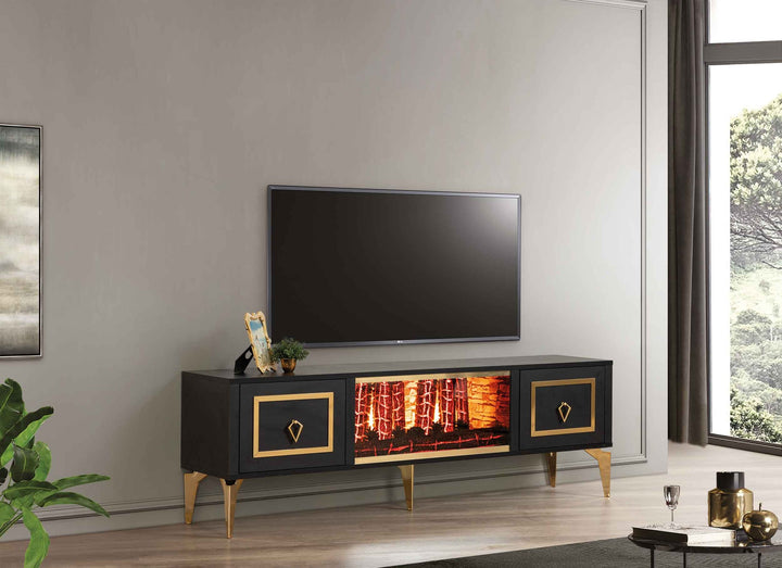 Milano Meuble TV Avec Cheminée Noir Doré