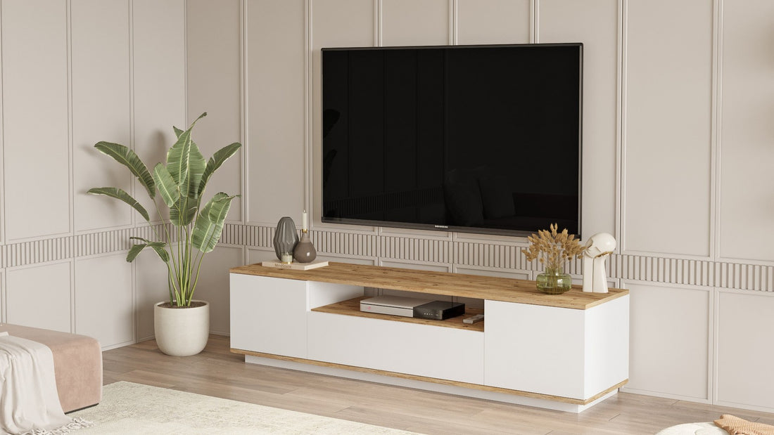 Meuble TV 3 portes basculantes L180cm Dani Bois Naturel et Blanc