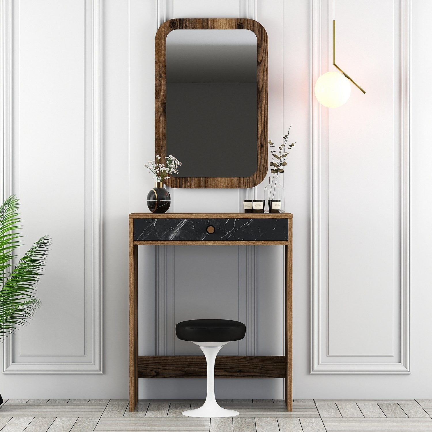 Table de maquillage Lizbon Mirror - Walnut, Black, Marble