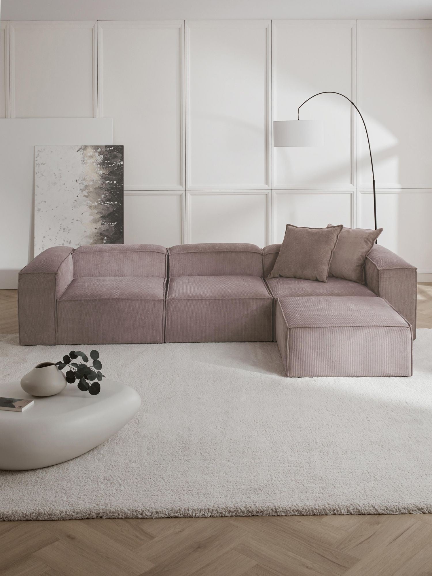 Canapé modulable 4 places en velours côtelé avec pouf Frida