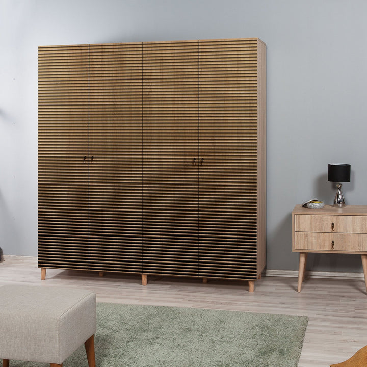 Armoire penderie 4 portes Infigo 180 Bois Naturel Motif Rayures dégradé Noir et Jaune