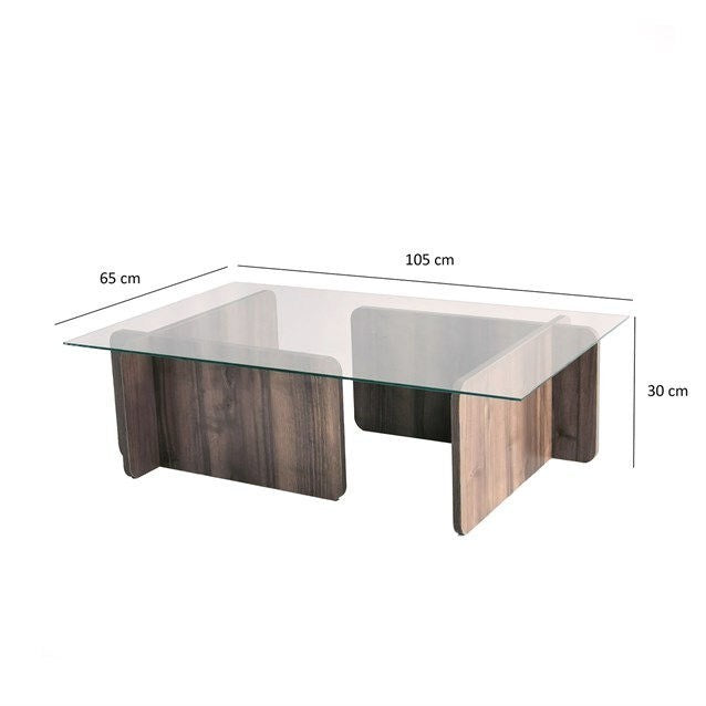Table basse design Alazar 105cm Bois foncé et Verre Transparent