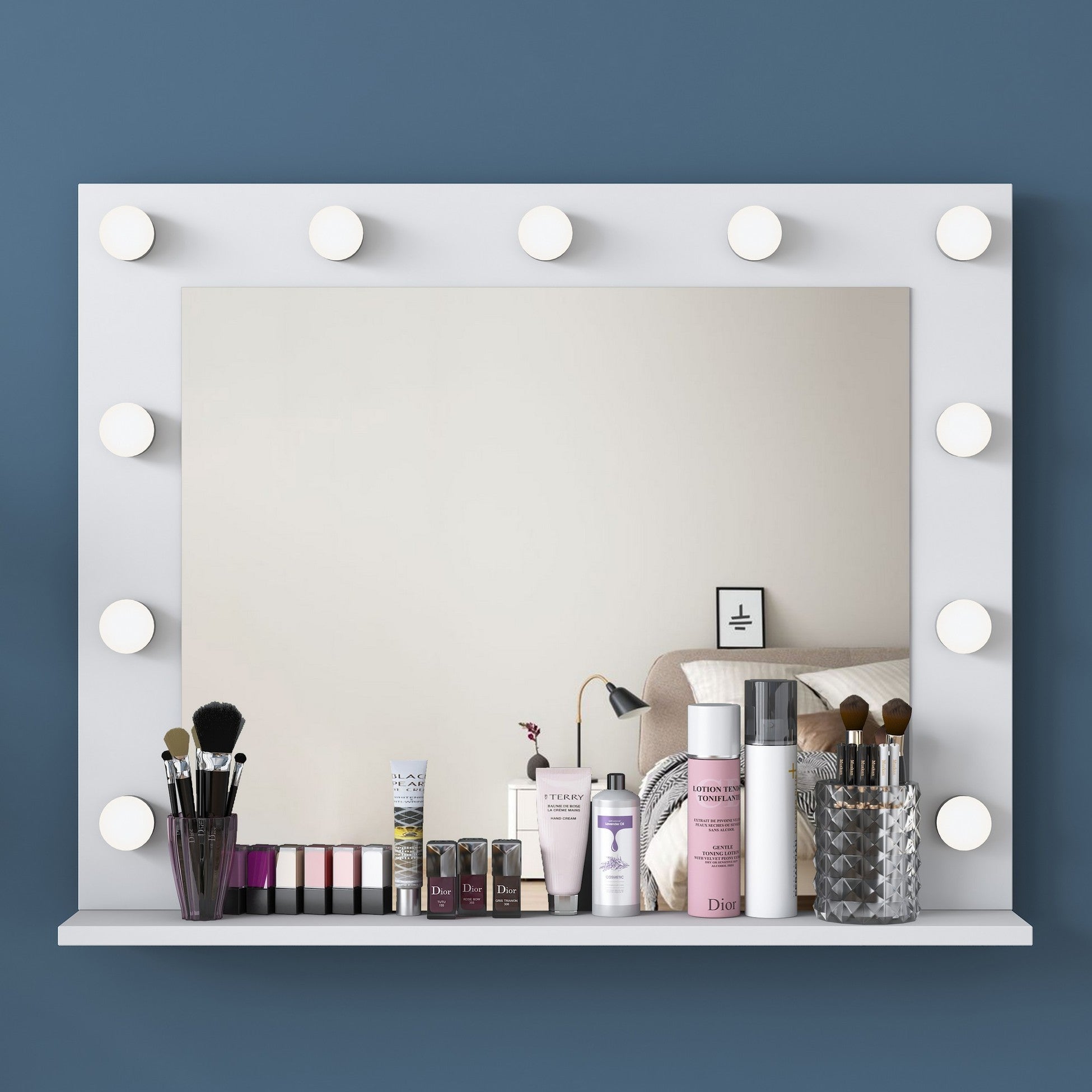 Coiffeuse moderne avec miroir LED et dessus Transparent Beline L120cm Blanc