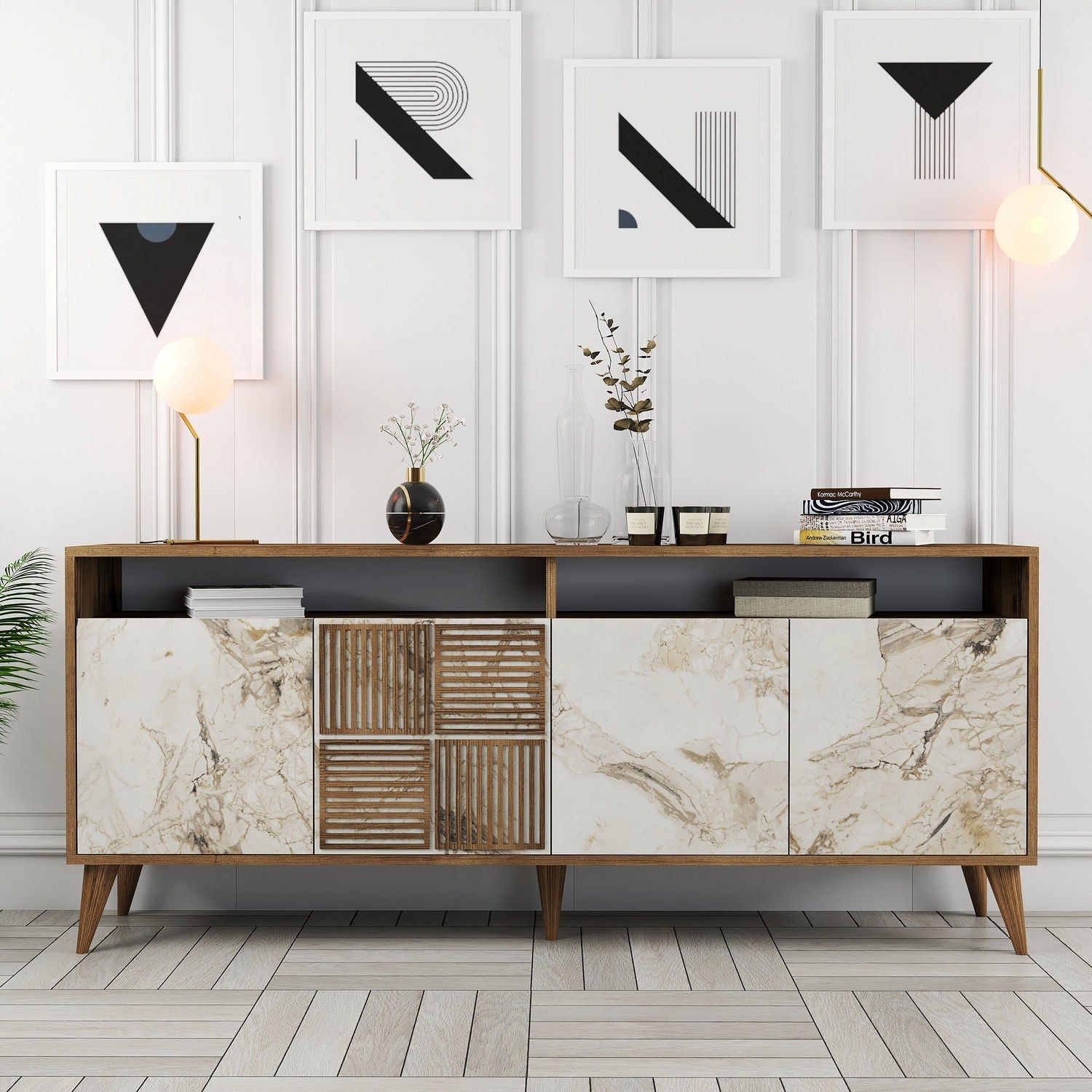Console Milan - Walnut, White Marble