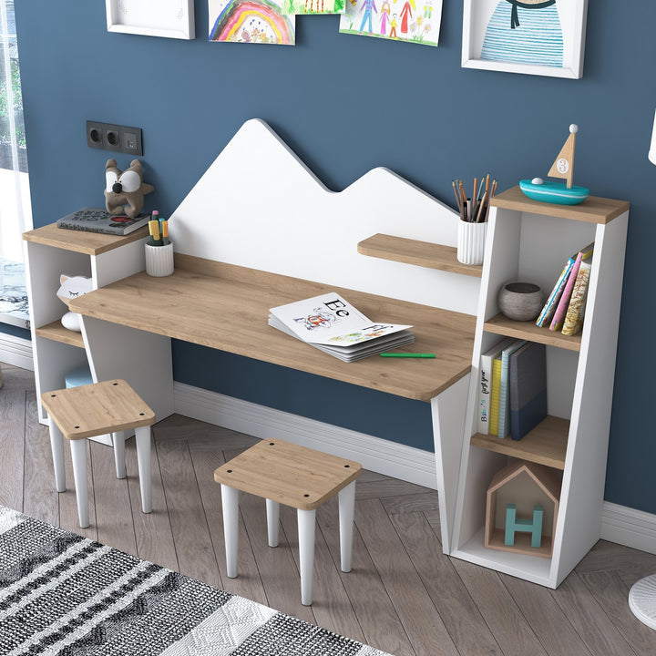 Ensemble Bureau, 2 bibliothèque et chaise Loretta Blanc et Bois clair