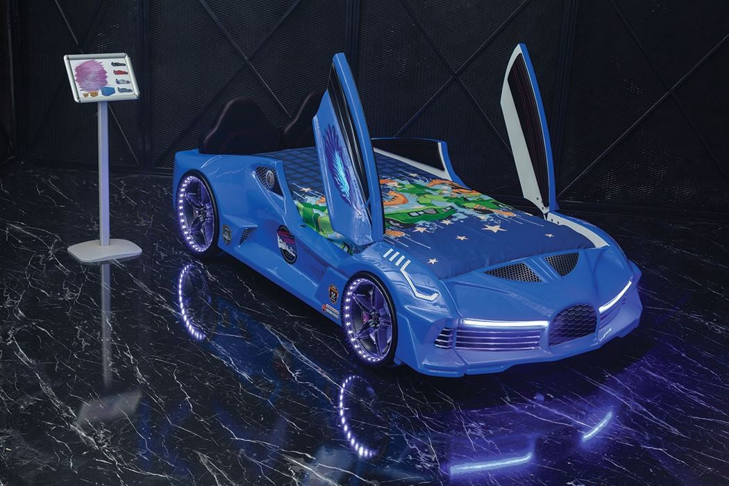 LIT VOITURE DE SPORT AVEC PORTES ET TÊTE DE LIT 90X190CM - Moon AERO Pre