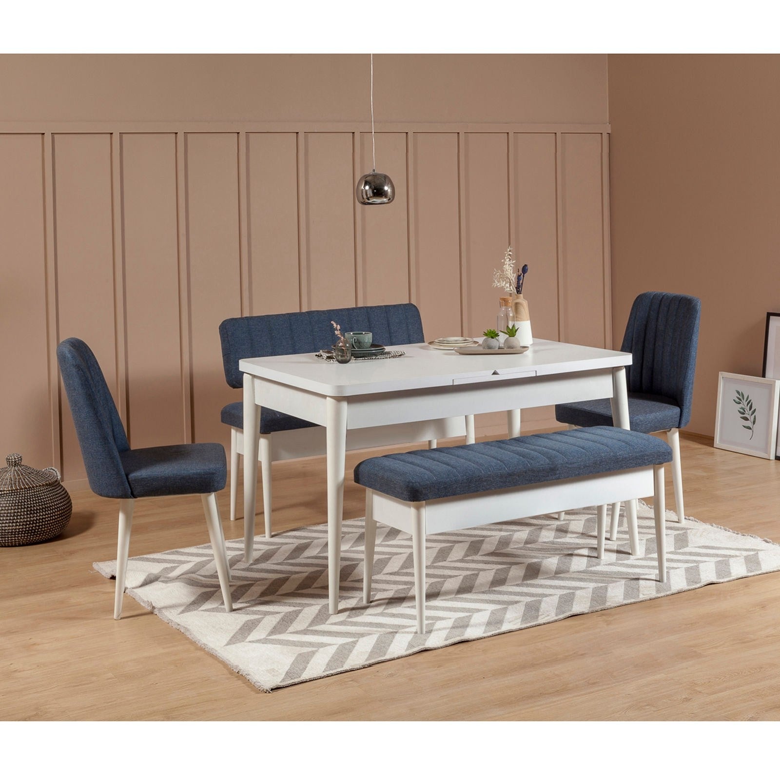 Table à manger extensible et jeu de chaises (5 pièces) Vina White Dark Blue