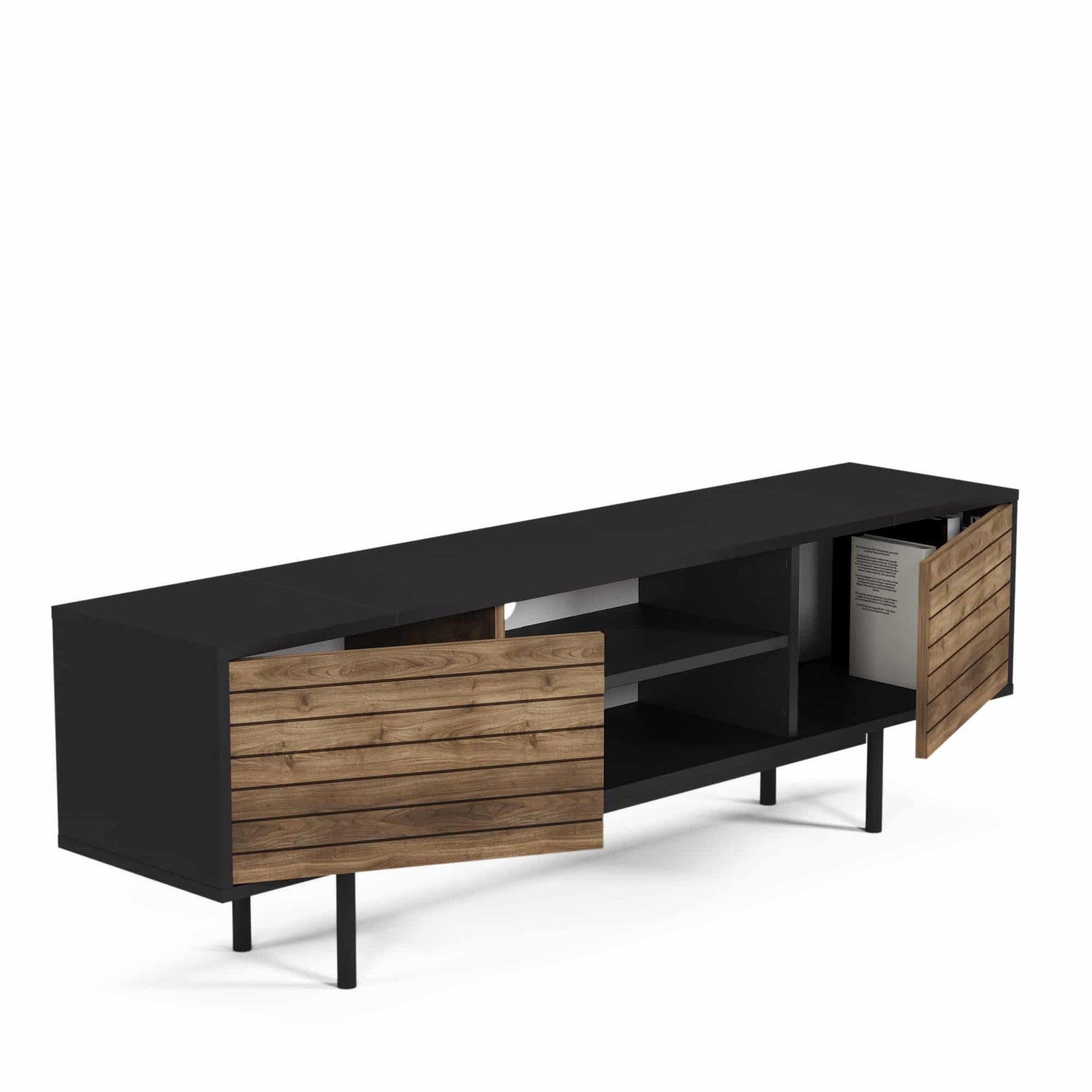 Meuble TV moderne 160cm 2 portes Colosseo Bois foncé et Noir