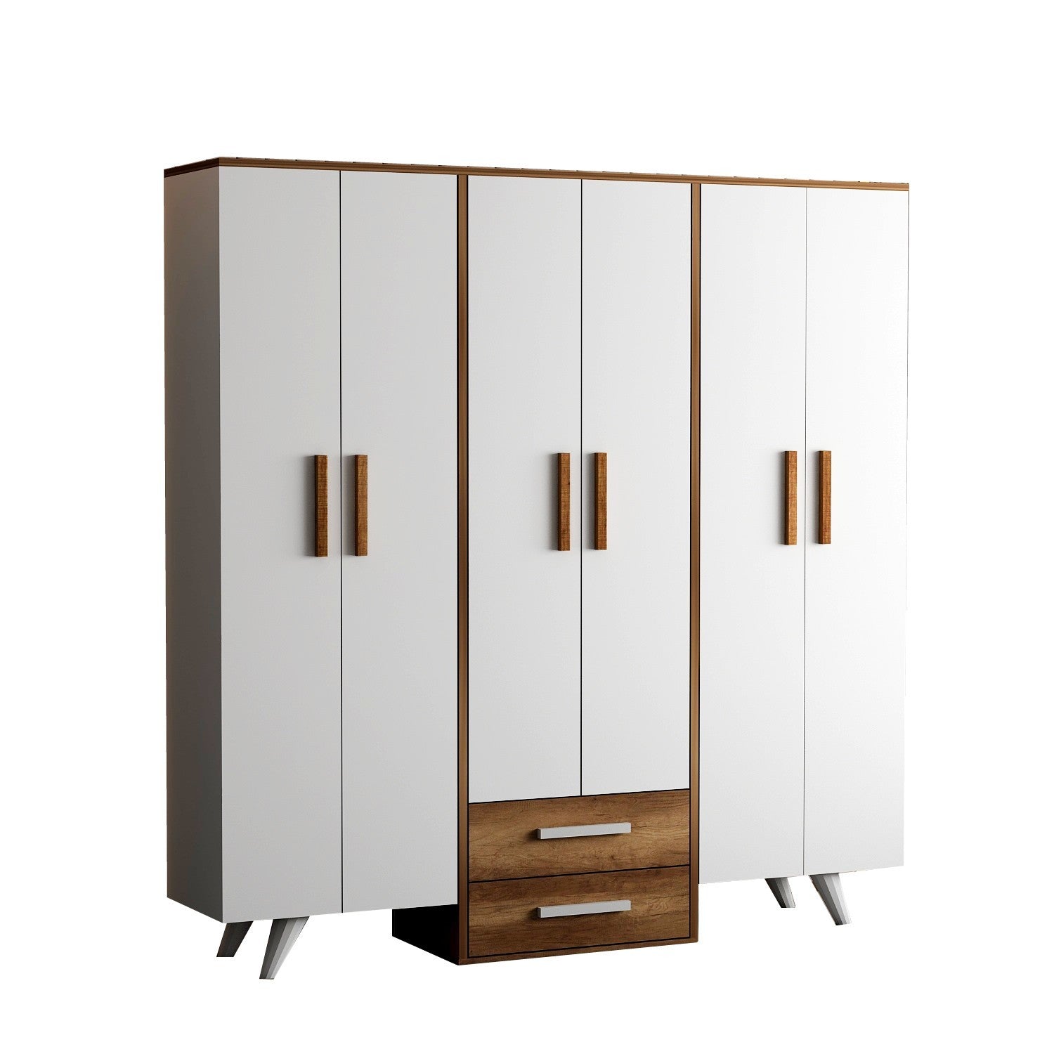 Armoire 6 portes et 2 tiroirs Guard L184cm Blanc et Bois foncé