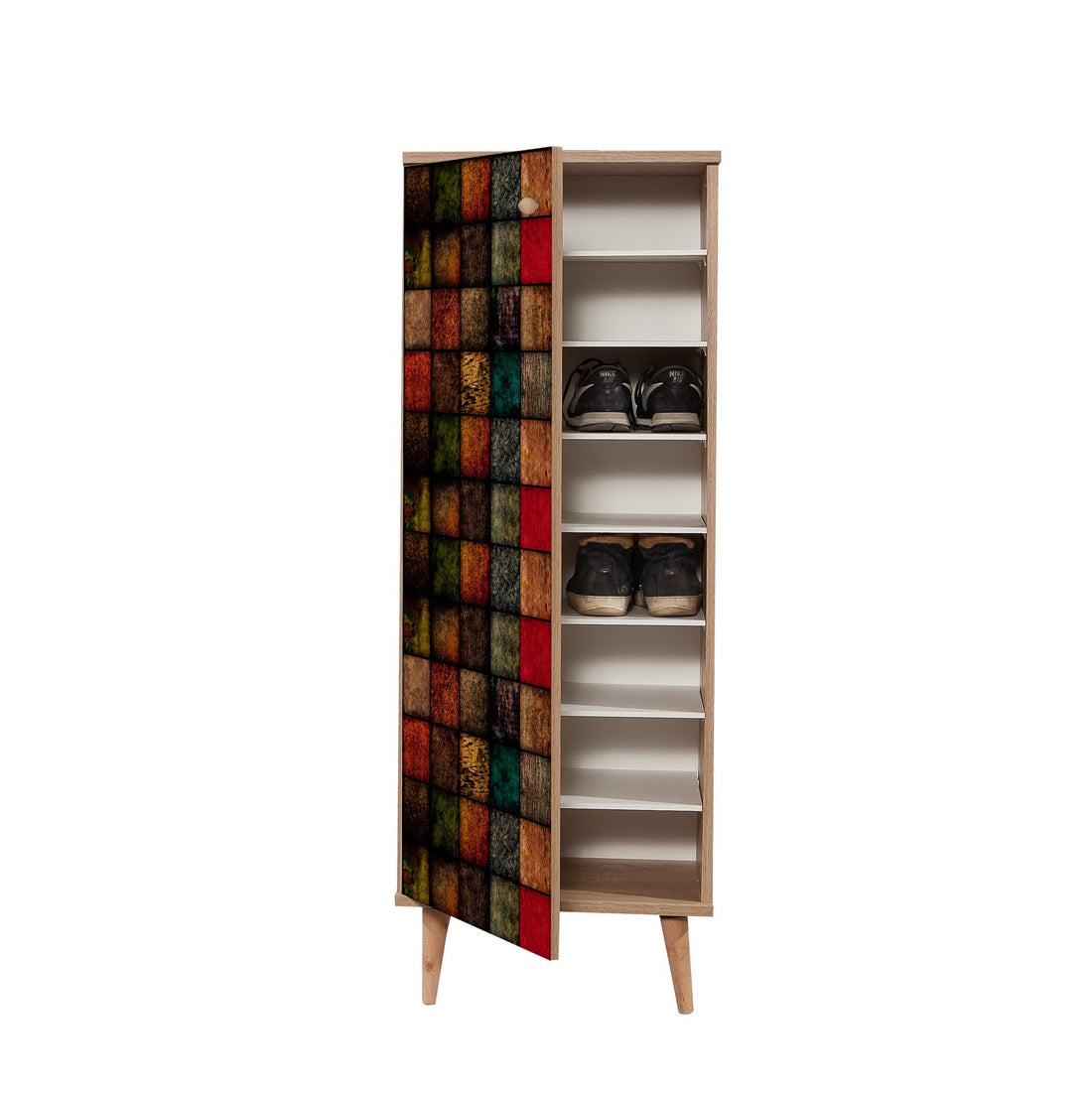 Meuble à chaussure bois clair et multicolore