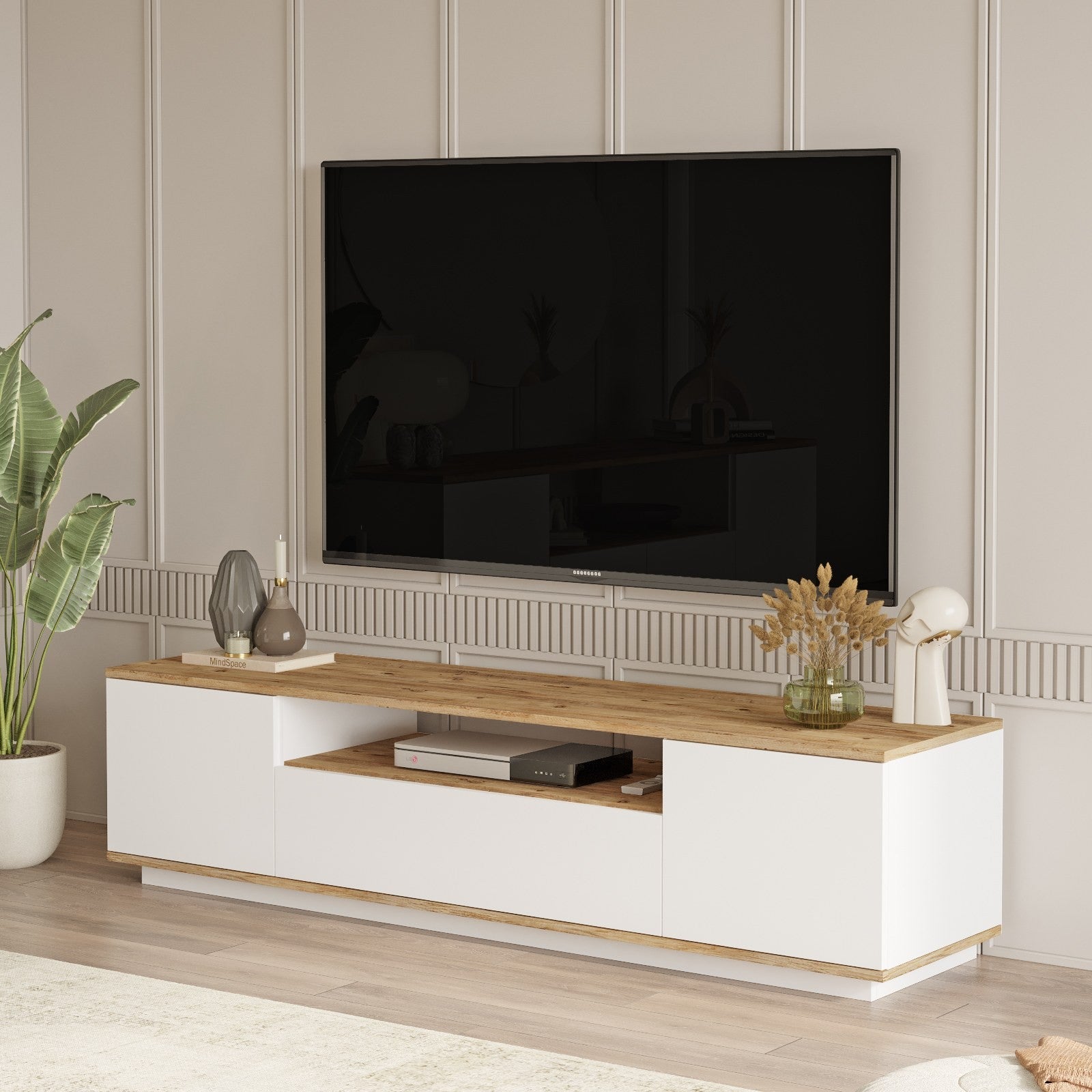 Meuble TV 3 portes basculantes L180cm Dani Bois Naturel et Blanc