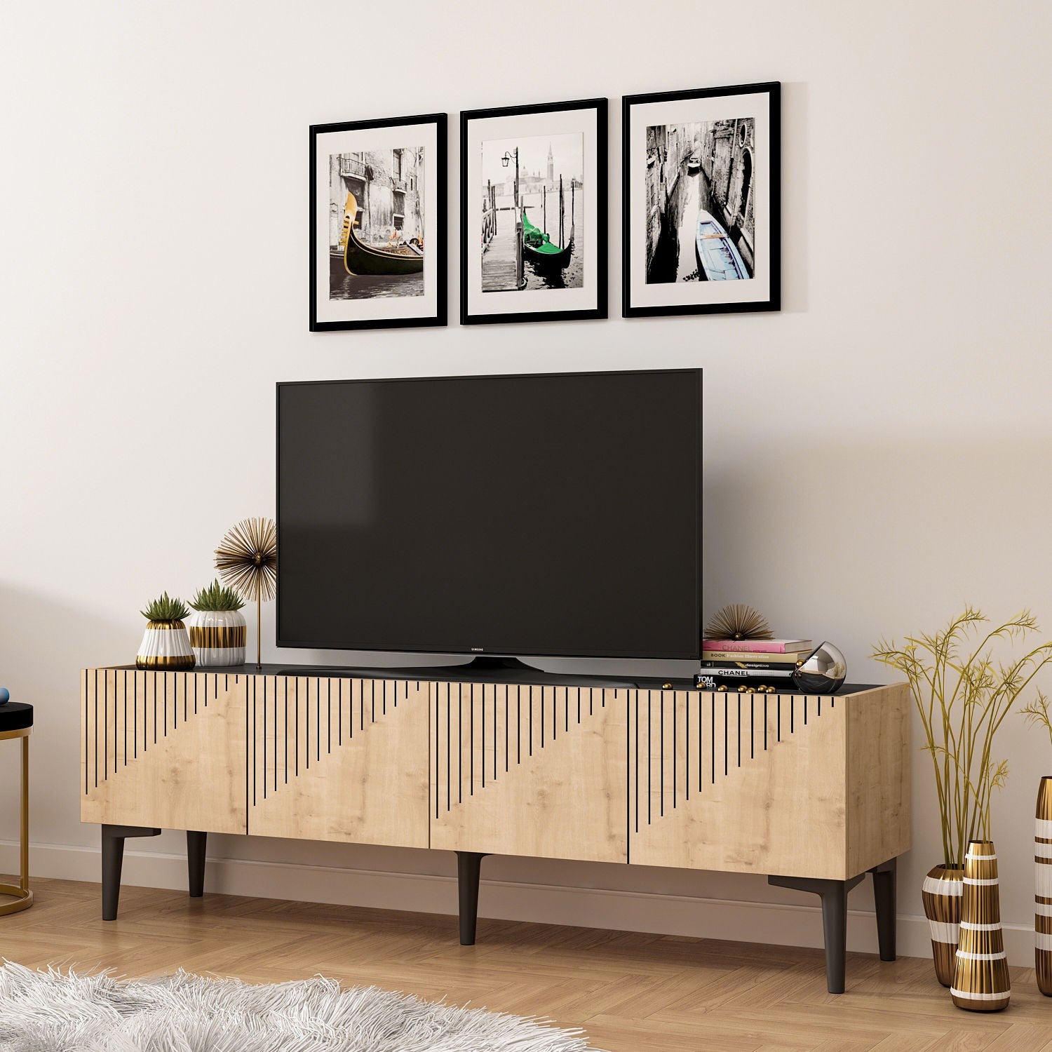 Meuble TV Draw - Sapphire Oak, Black Marble