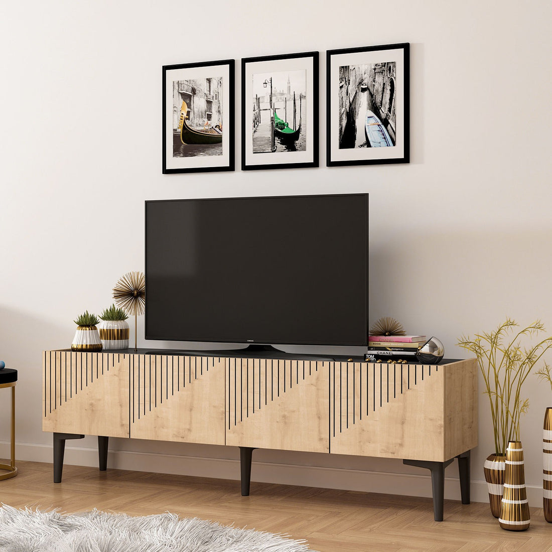 Meuble TV Draw - Sapphire Oak, Black Marble