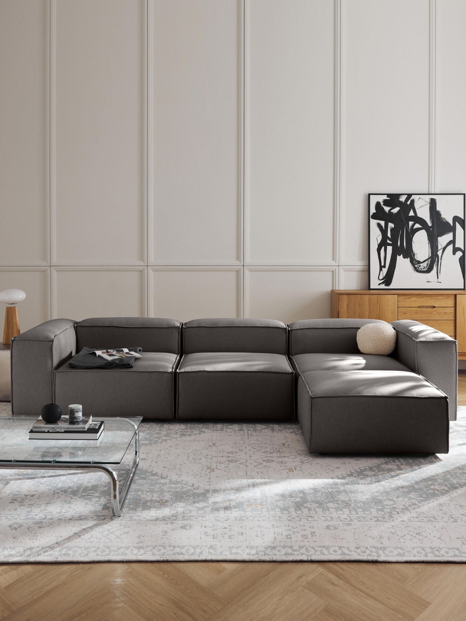 Canapé modulable 4 places en Lin avec pouf Frid