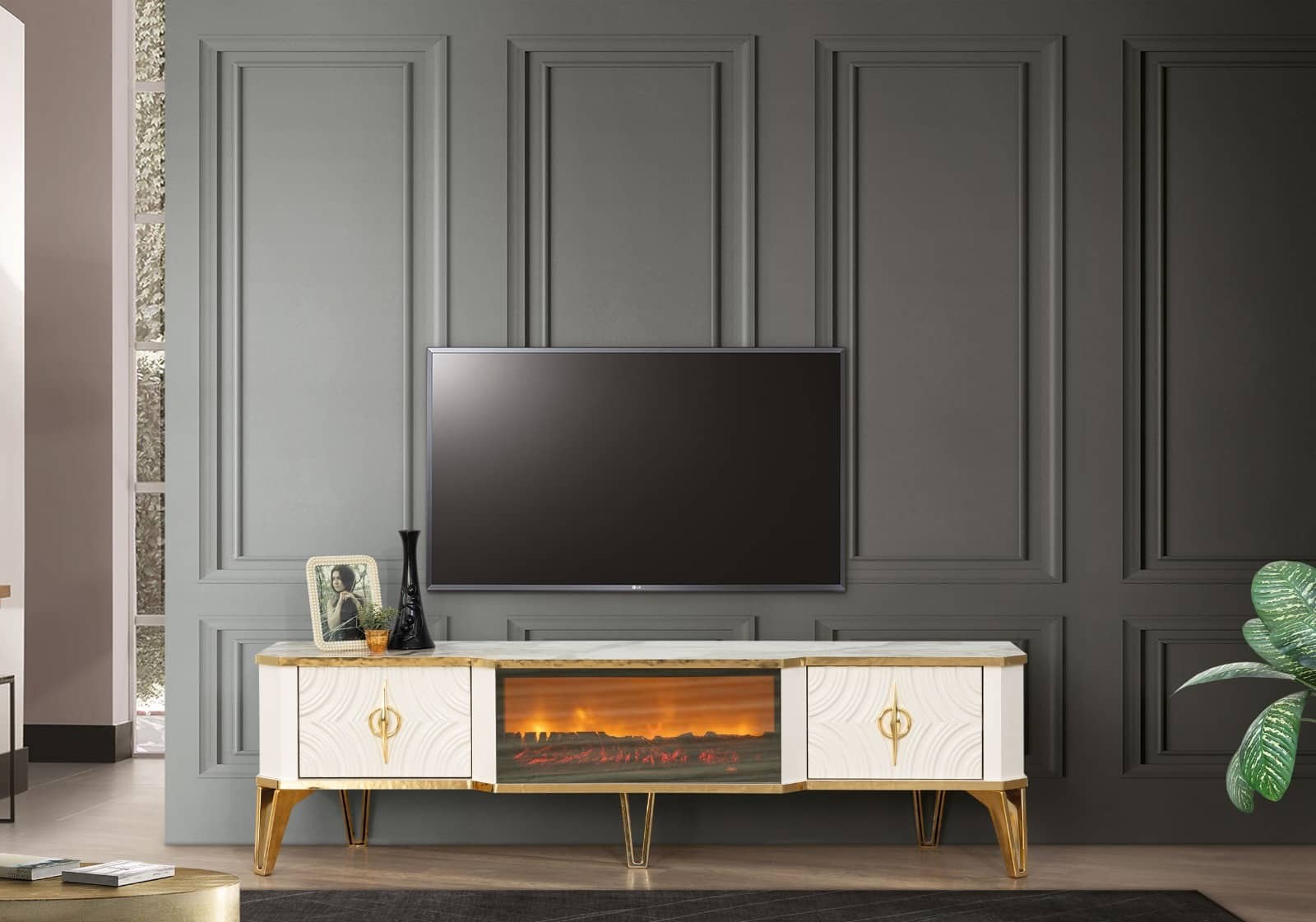 Viyana Meuble TV Avec Cheminée Écru Dorée