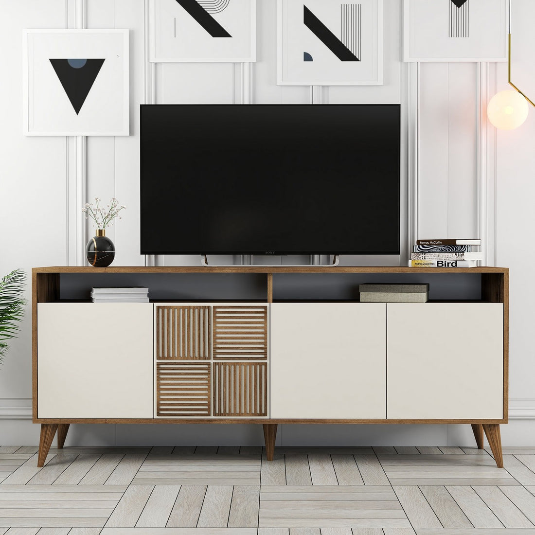 Buffet bas 4 portes et 2 tiroirs Kaltes L160cm Bois et Blanc crème
