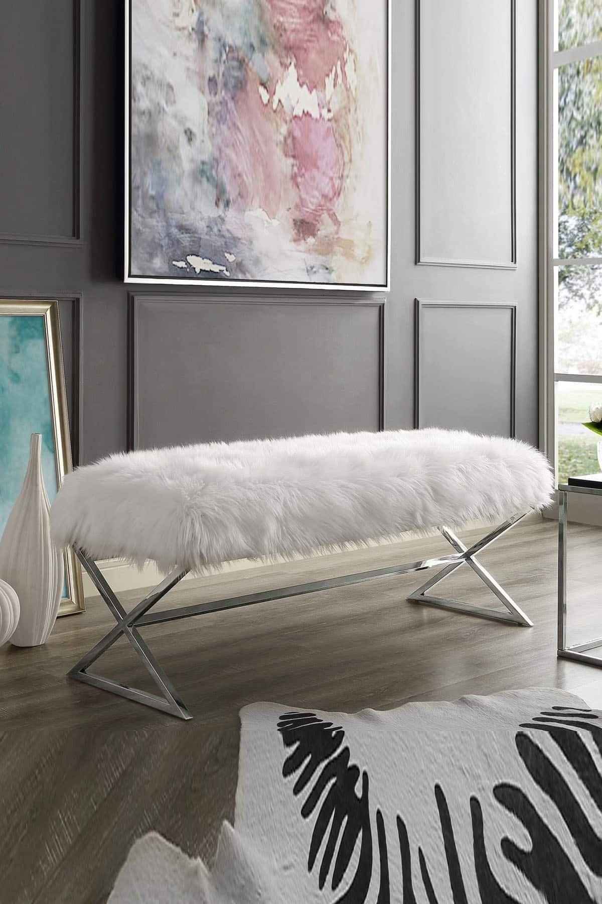 Luxury Banc en peluche blanc argenté