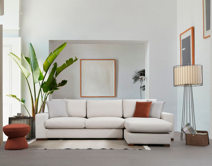 Canapé d'angle confortable au design unique | Beige, structure en bois de hêtre | 270 x 194 cm