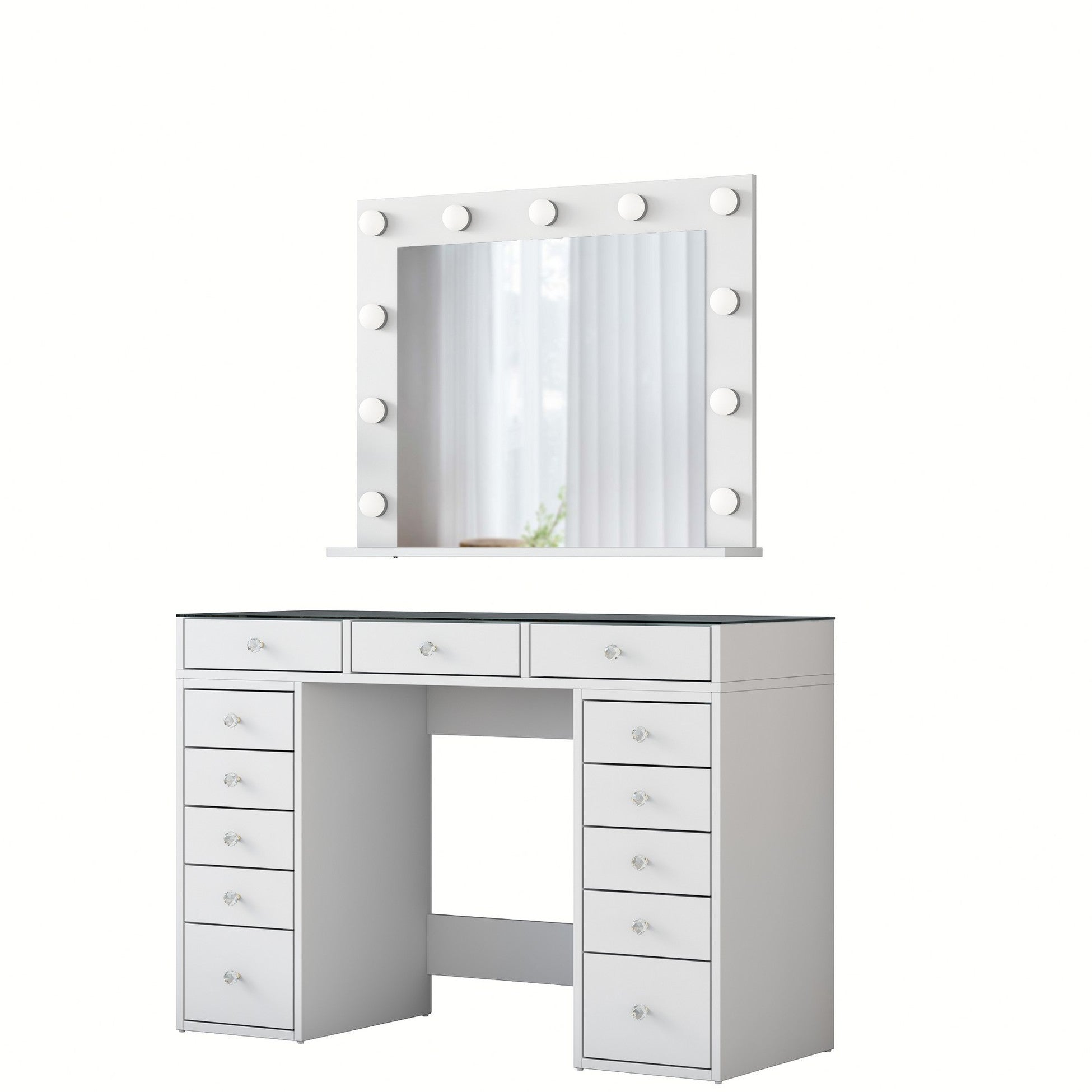 Coiffeuse moderne avec miroir LED et dessus Transparent Beline L120cm Blanc