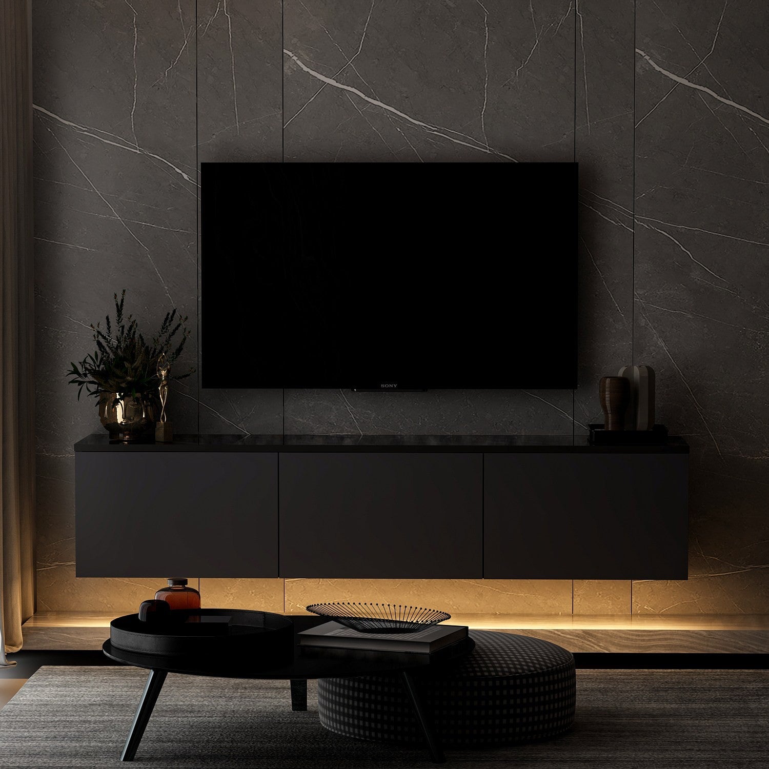 Meuble TV suspendu Ruxta L160cm Anthracite et Noir effet marbre