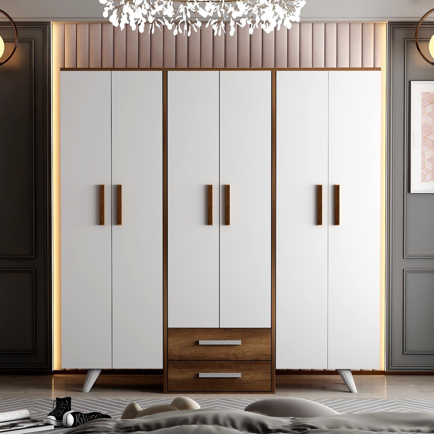 Armoire 6 portes et 2 tiroirs Guard L184cm Blanc et Bois foncé