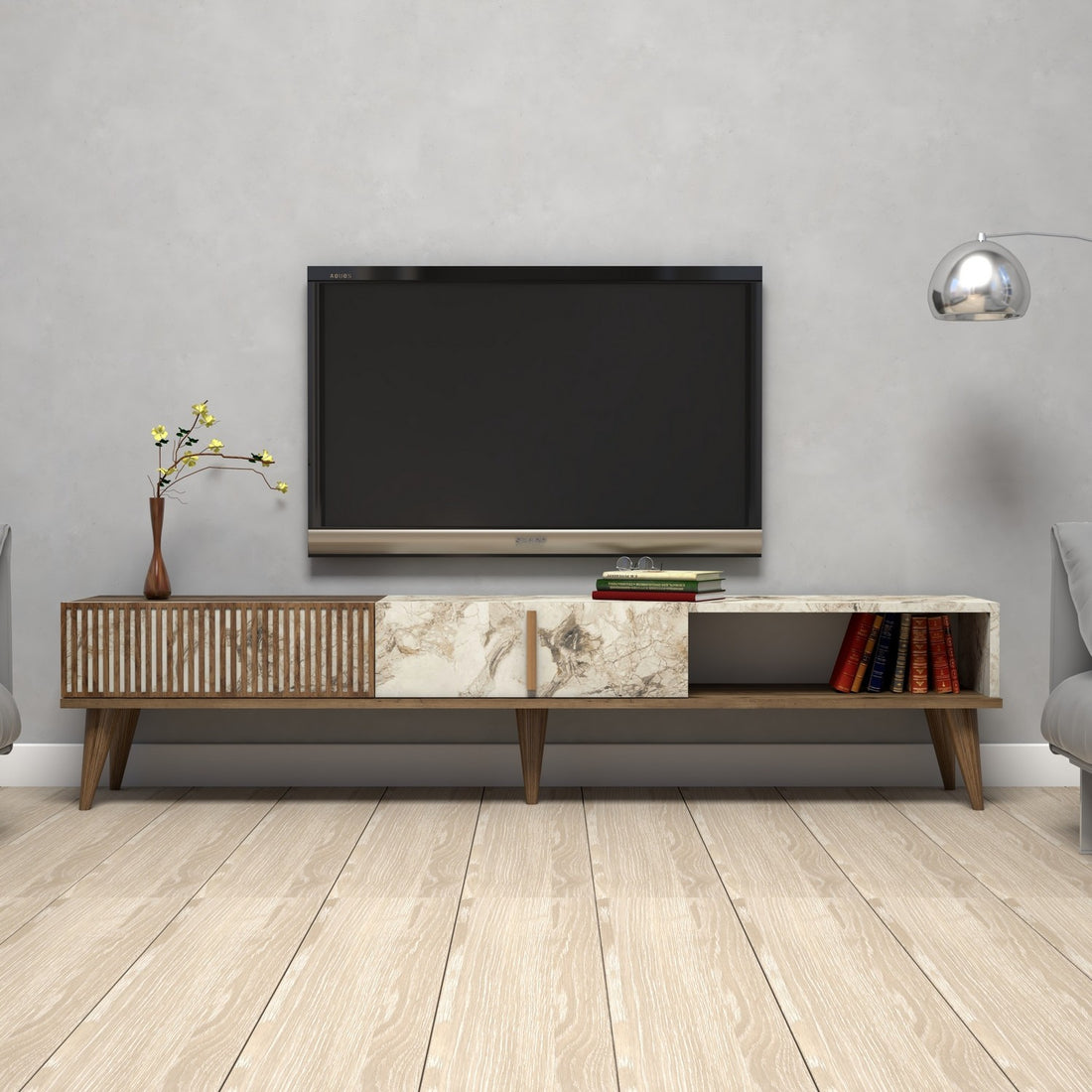 Meuble TV Milan - Walnut, White Marble