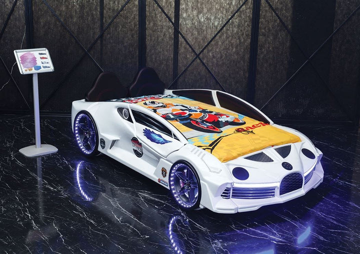 LIT VOITURE DE SPORT AVEC PORTES ET TÊTE DE LIT 90X190CM - Moon AERO