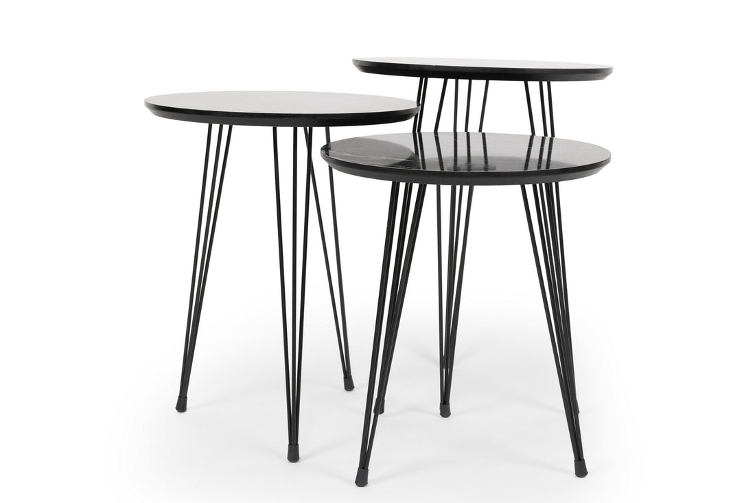 Table de nidification (3 pièces) Siyah Mermer Desenli 3'Lü Tel Ayaklı Yuvarlak Zigon Sehpa