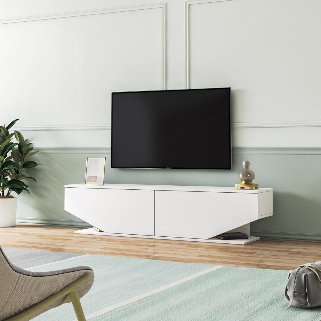 Meuble TV façade trapèze 2 portes Ares 160cm Bois Blanc