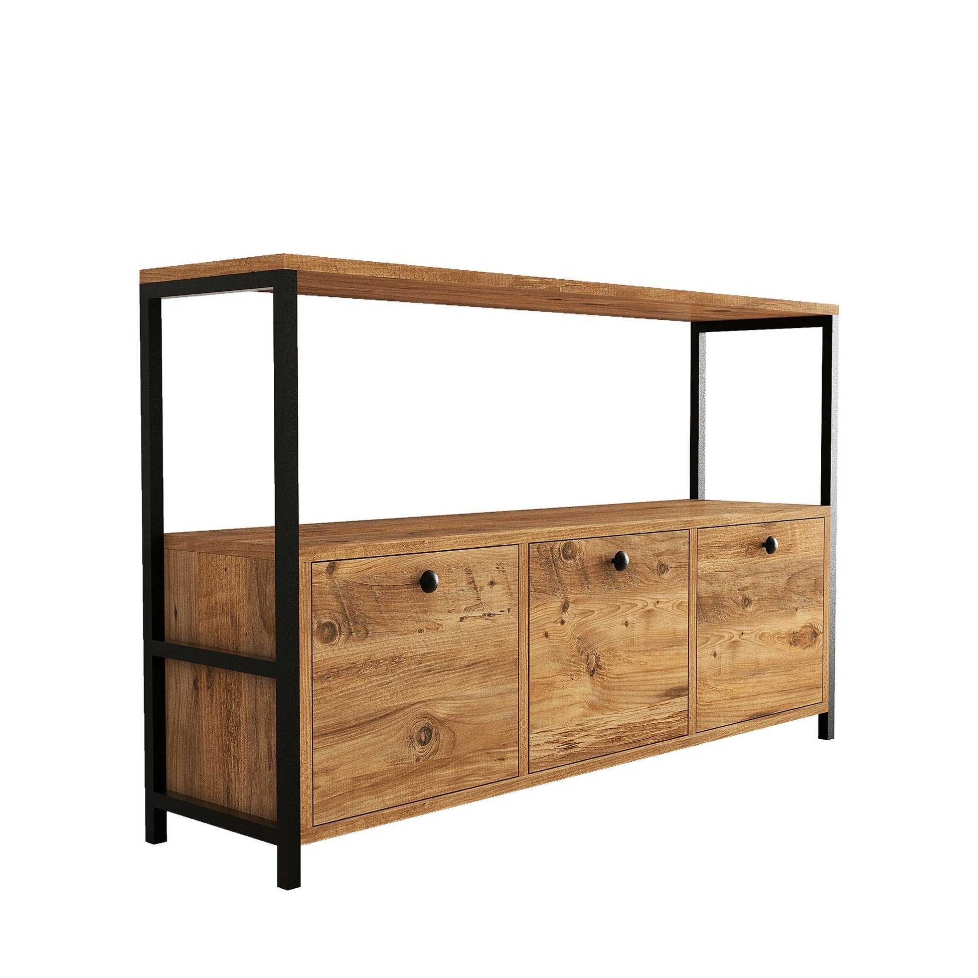 Buffet haut style industriel Halzo L120xH100cm Bois clair et Métal Noir