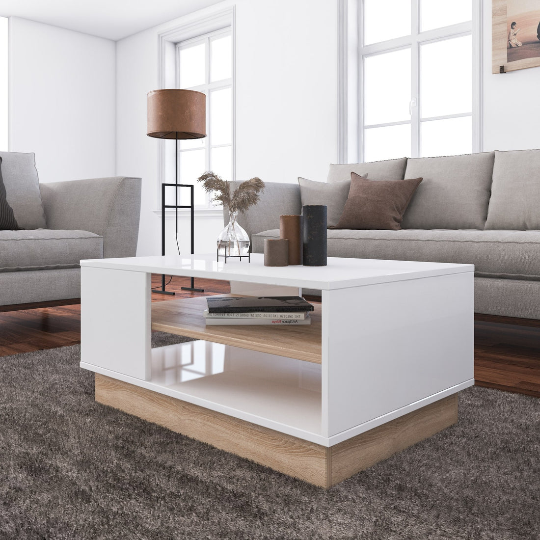 Camilio Tables basses sena avec rangement en bois en couleur chêne blanc. 90x41x60cm