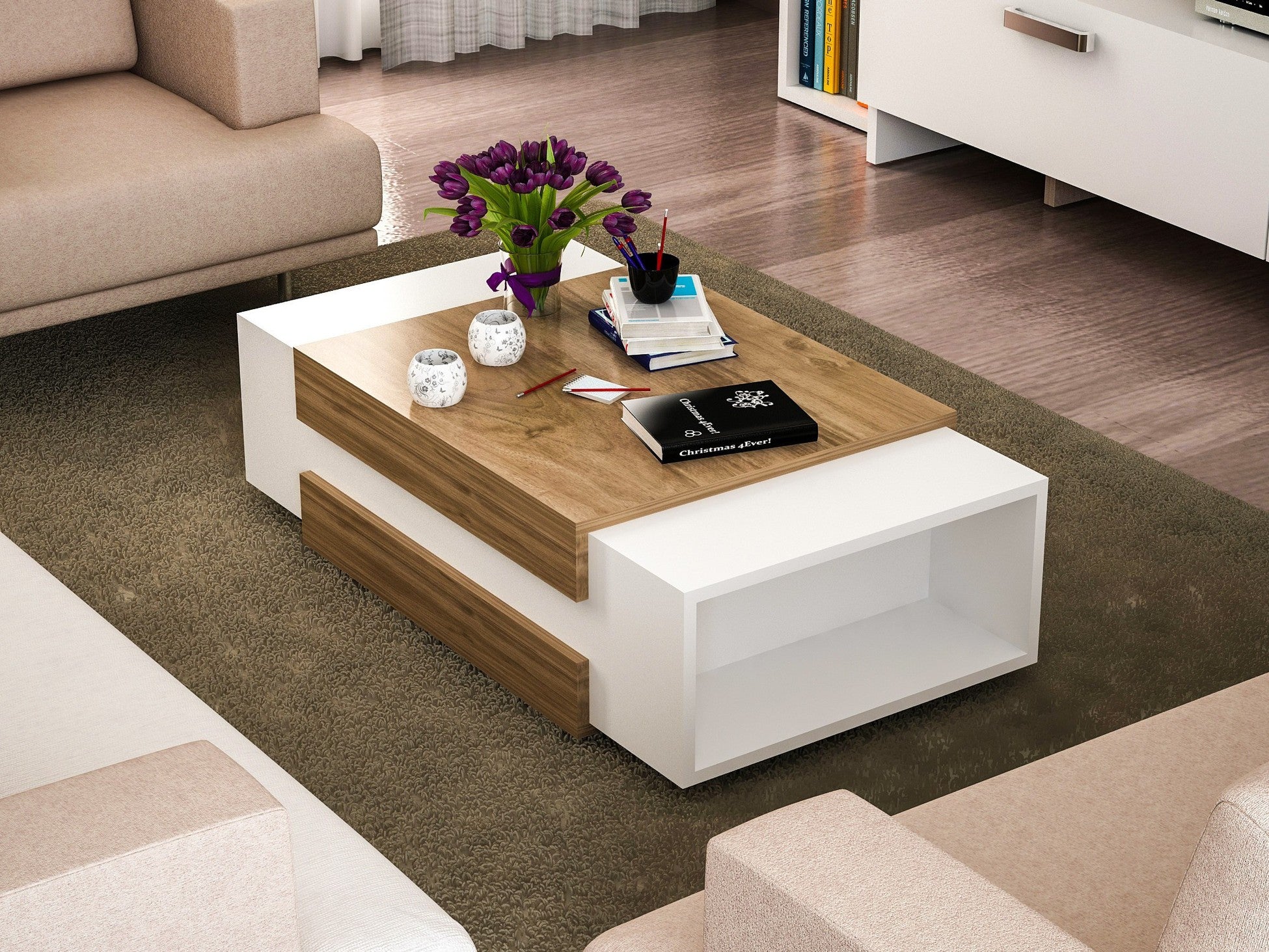 Table basse Nora - White, Walnut