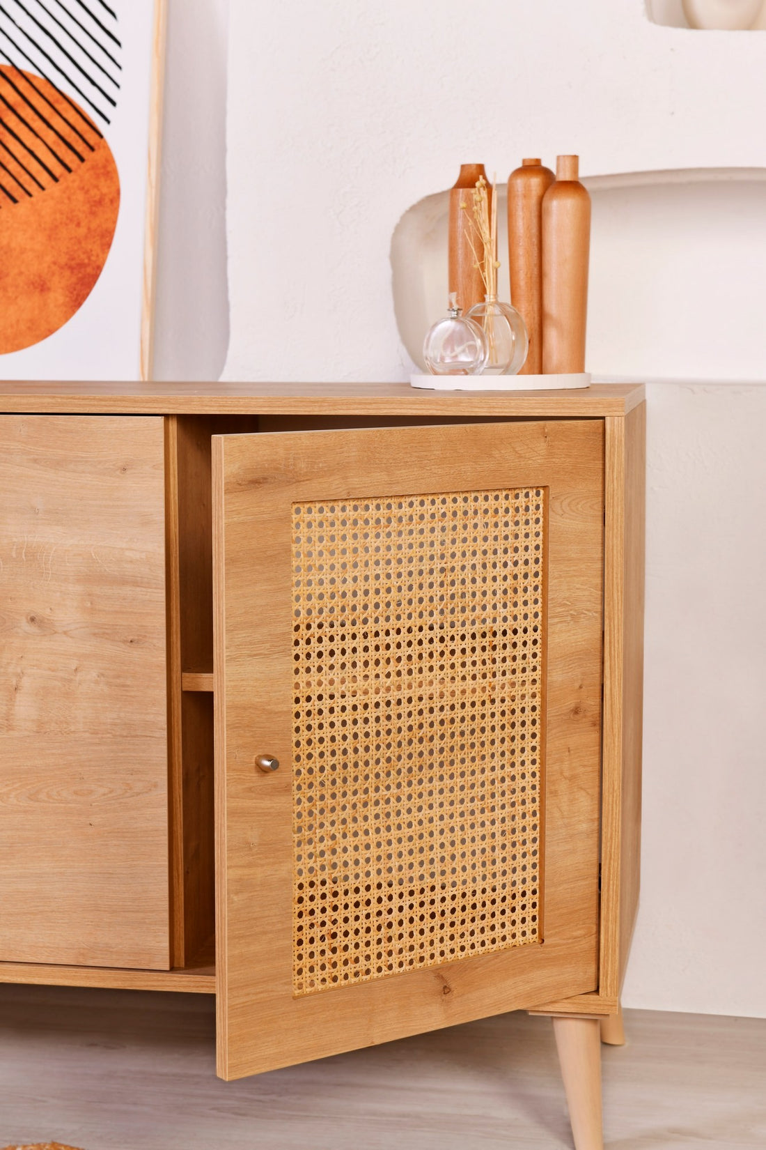 Buffet bas 4 portes avec cannage Lodim L180cm Chêne clair