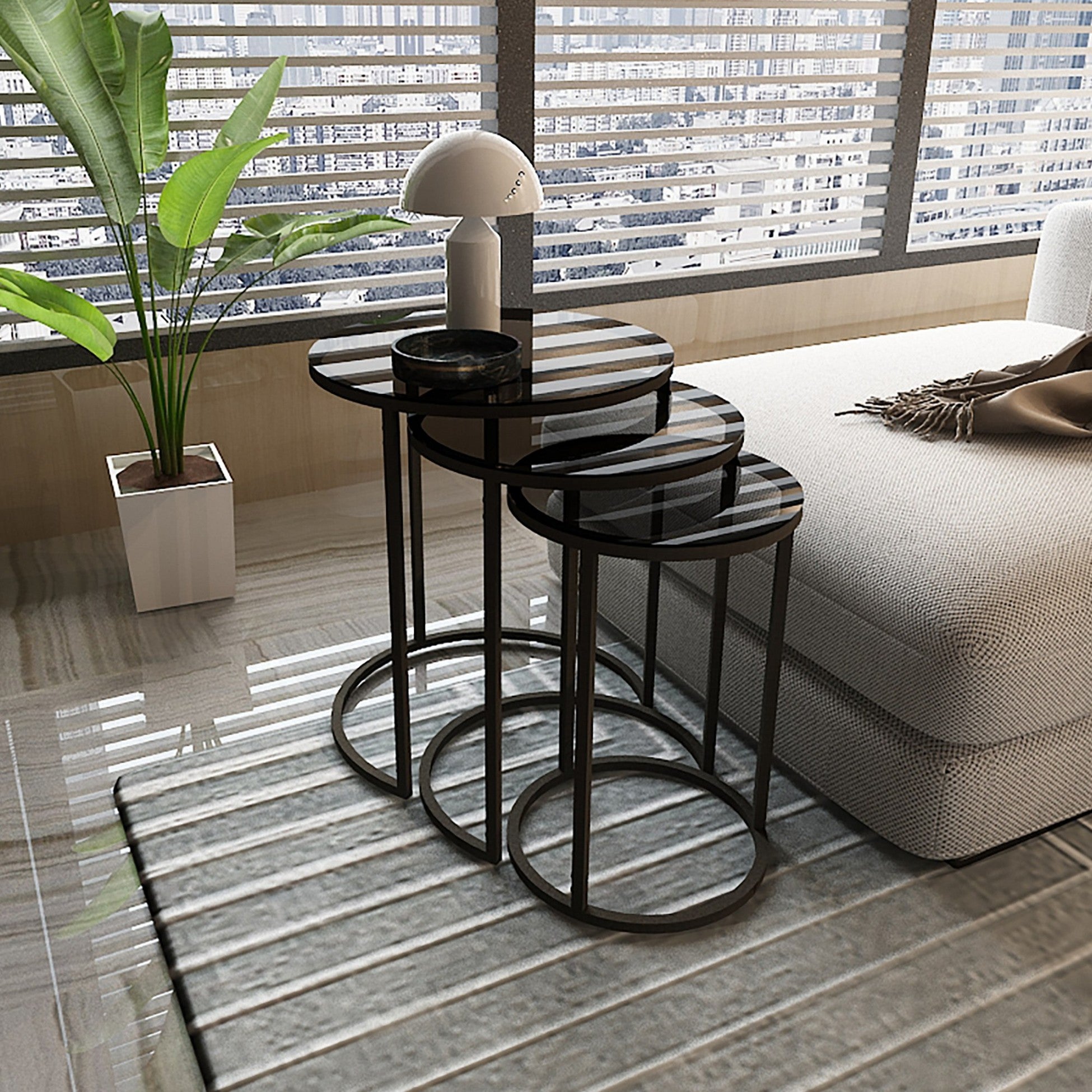 Set de 3 tables d'appoint kyyjärvi rondes gigognes noir transparent