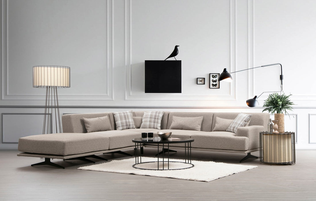 Canapé d'angle à gauche avec pouf et 3 coussins Ravina Tissu Beige