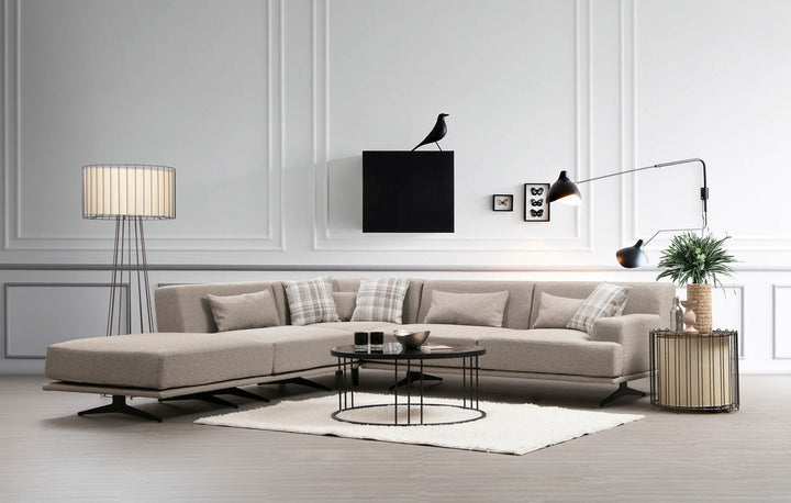 Canapé d'angle à gauche avec pouf et 3 coussins Ravina Tissu Beige