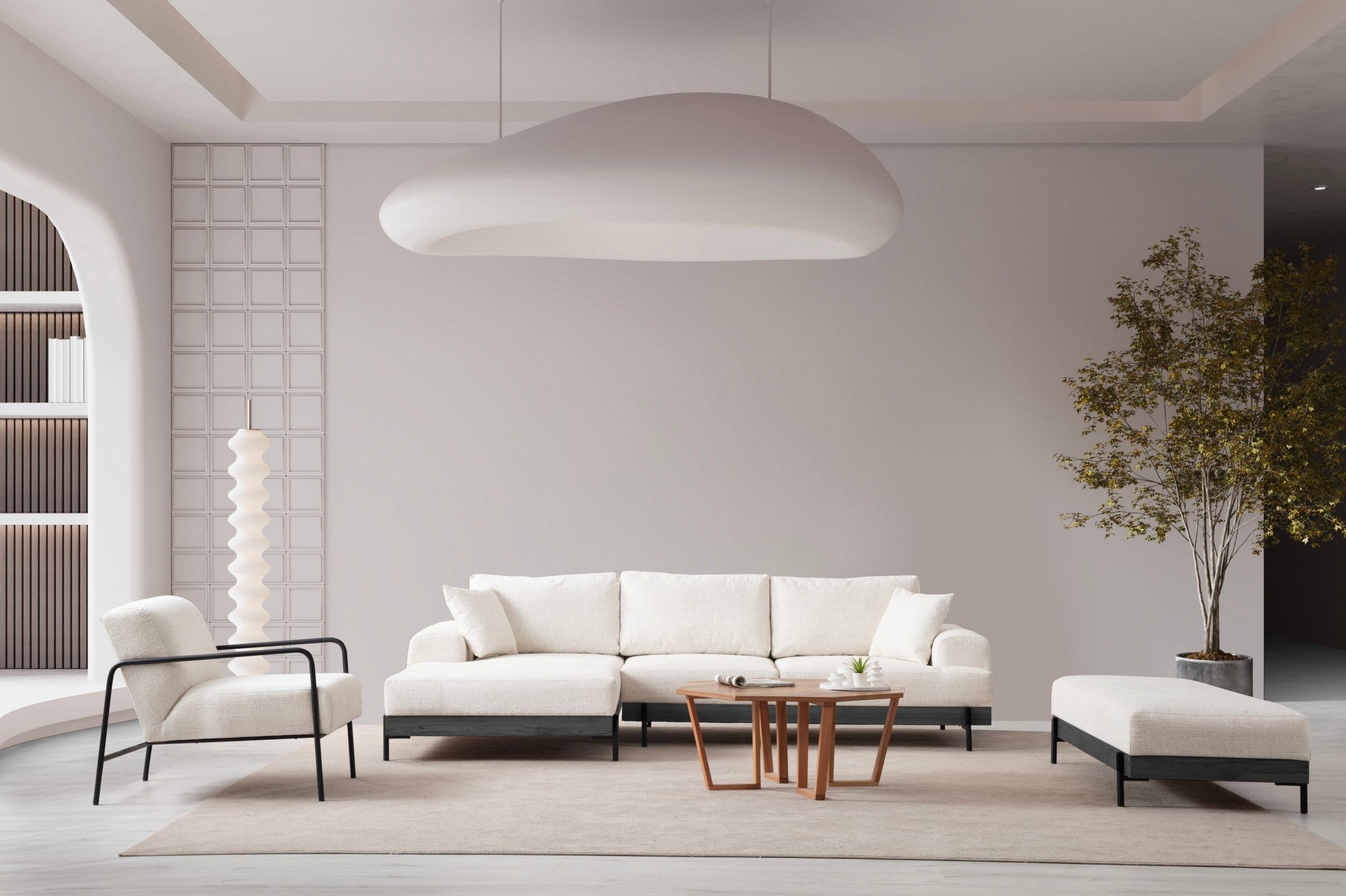 Canapé d'angle à droite kamily Bois Noir et Tissu bouclette Blanc