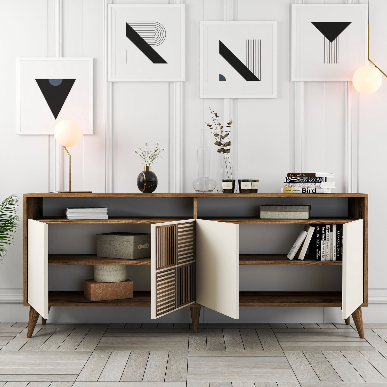 Buffet bas 4 portes et 2 tiroirs Kaltes L160cm Bois et Blanc crème