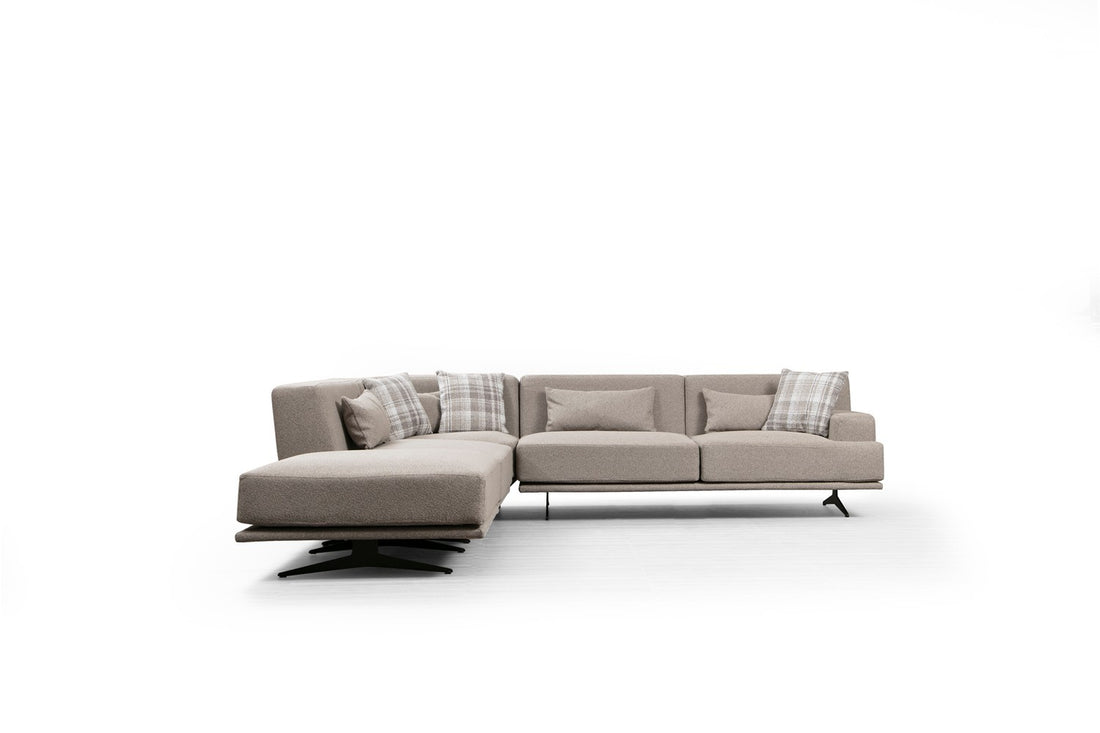 Canapé d'angle à gauche avec pouf et 3 coussins Ravina Tissu Beige