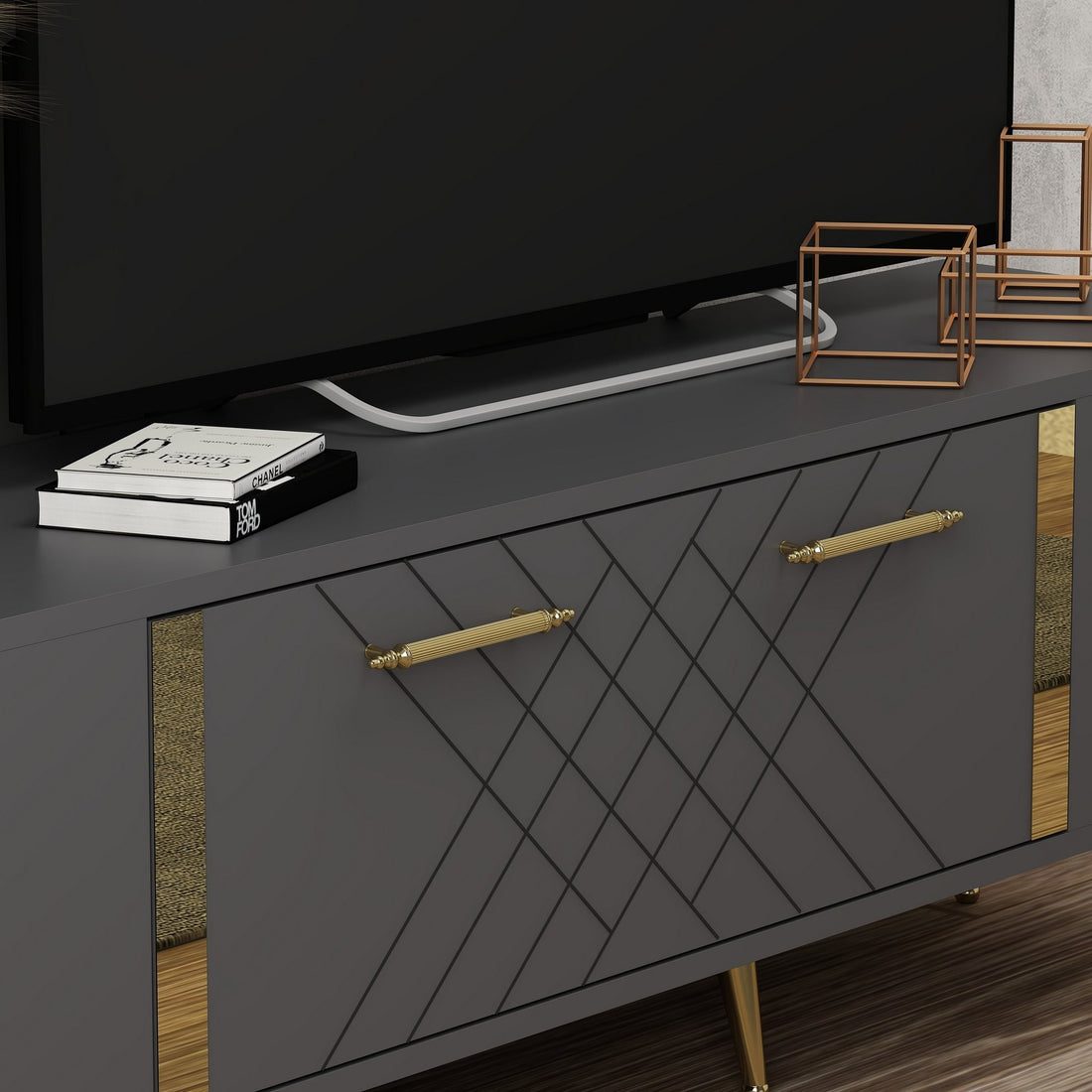 Meuble TV Detas - Anthracite, Gold