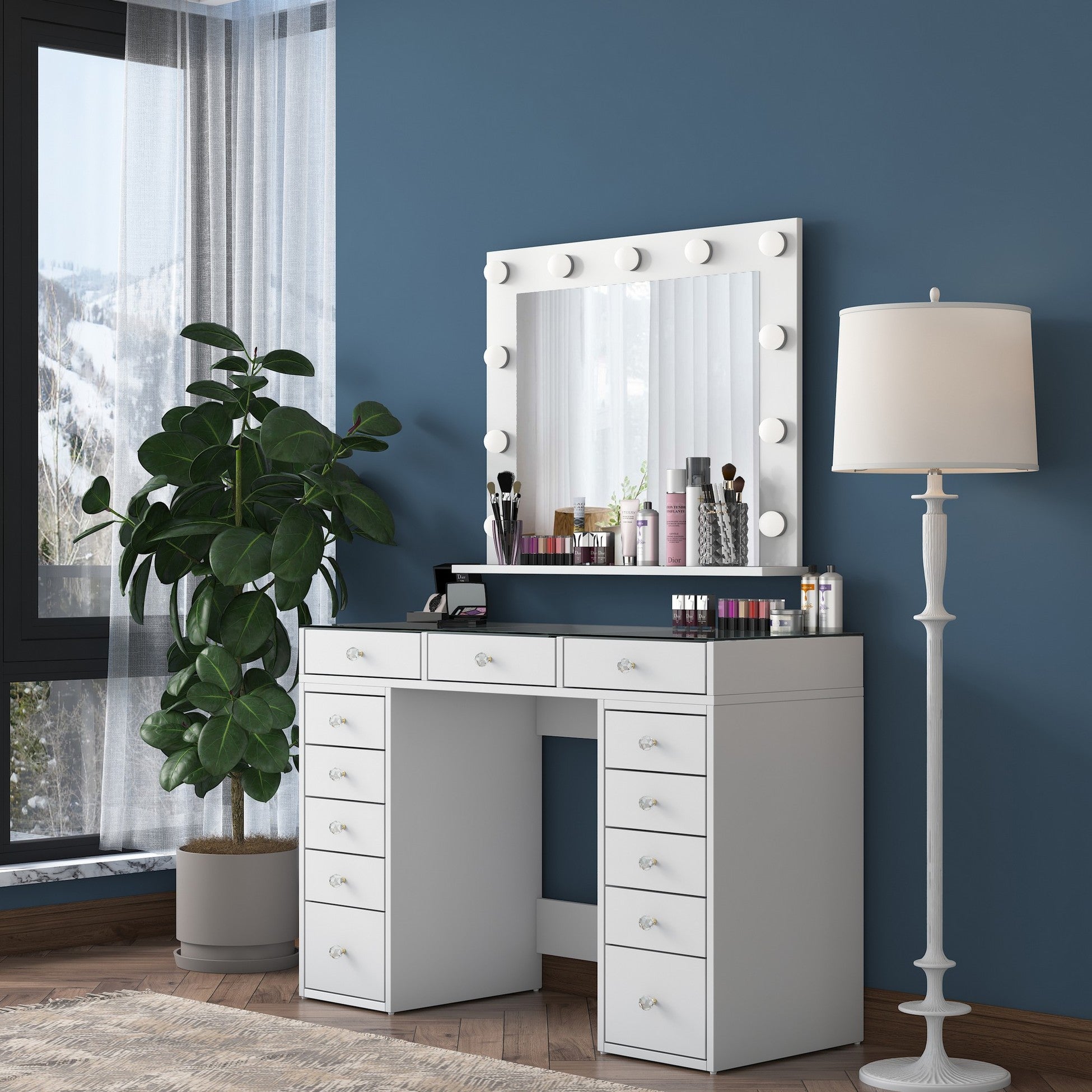 Coiffeuse moderne avec miroir LED et dessus Transparent Beline L120cm Blanc