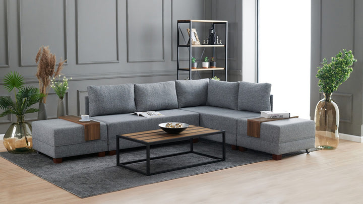 Canapé d'angle Droite Tikona 280 cm - Gris - 5 places - Tissu