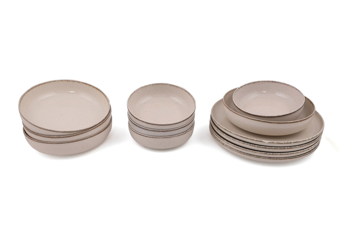 Service de table 12 pièces Ammeli 100% Porcelaine tacheté Blanc crème et Marron